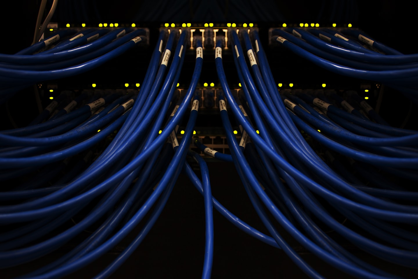Gebündelte Netzwerkkabel in einem Verteilerschrank