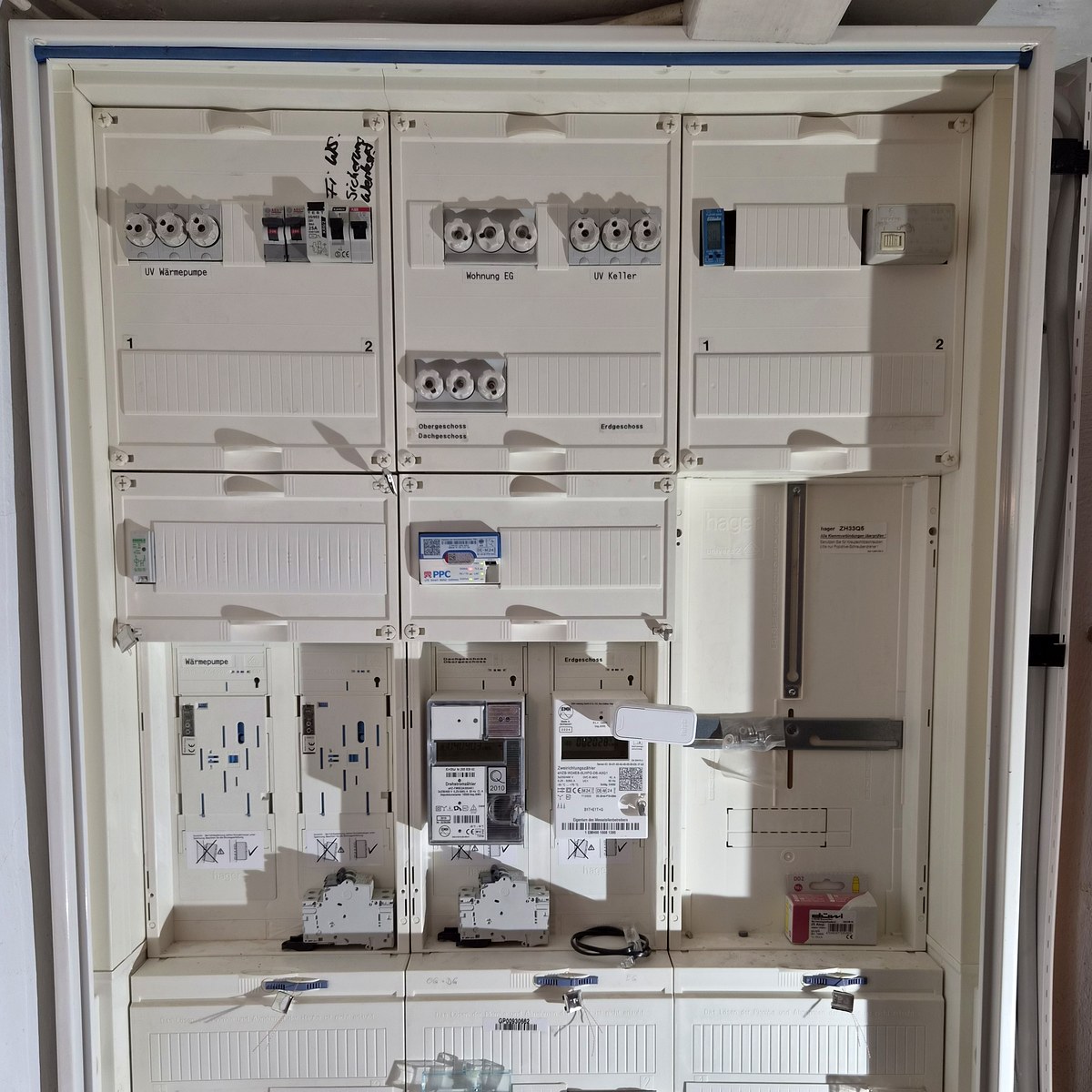 Zählerschrank eines Mehrparteienhauses mit beschrifteten Zählerfeldern